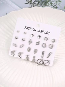 12對/套水鑽心和蝴蝶裝飾耳釘 - 銀色 - 查看 2