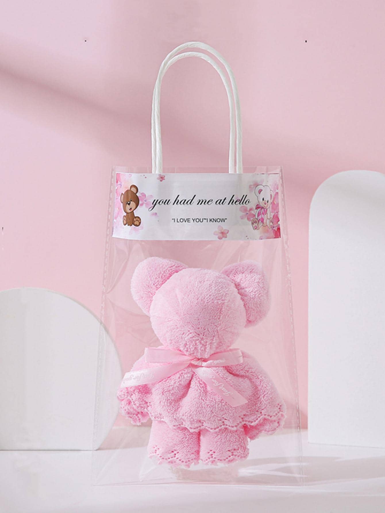 1 件粉色手巾，可爱超细纤维蝴蝶结装饰熊图案毛巾浴室洗碗布厨房毛巾 - 粉色 - 查看 1