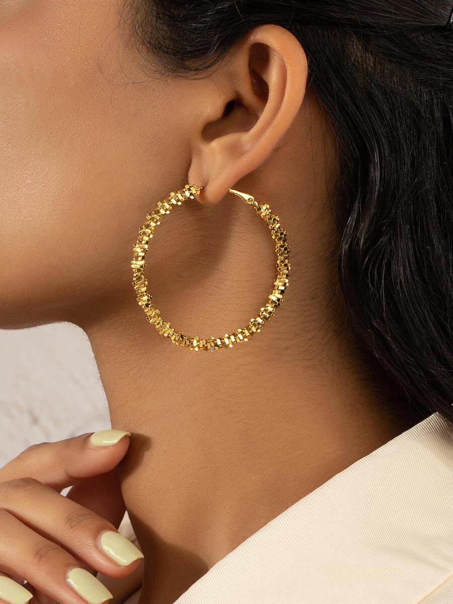 1雙時尚紋理質感圓耳環適合女士日常裝飾 - 金黃色 - 查看 1