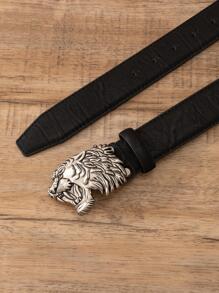 男士老虎頭部裝飾皮帶 - 黑色 - 查看 2