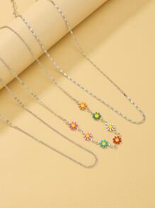 3入組花朵裝飾項鍊 - 銀色 - 查看 4