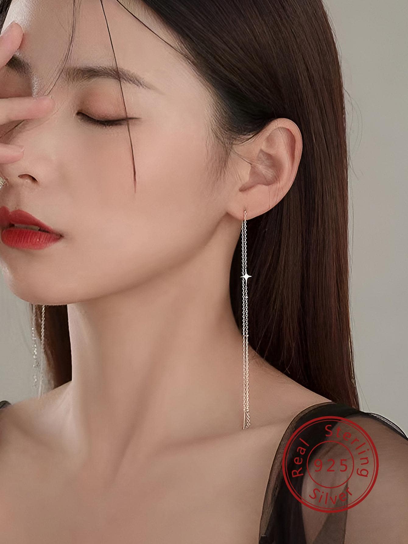 Star Decor Threader Earrings - Silver - View 1