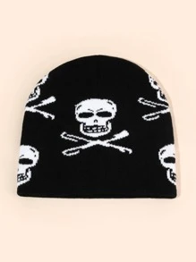 1入組中性骷髏圖案時尚針織豆豆帽適用於日常生活 - 黑與白 - 查看 2