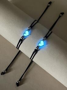 ATLVXJL 2 piezas/set Pulsera de cuerda pareja brillante en oscuro con adorno de corazón - Multicolor - Ver 2