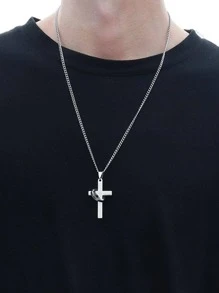 男士十字吊墜項鍊,適用於首飾類禮品和派對 - 銀色 - 查看 3