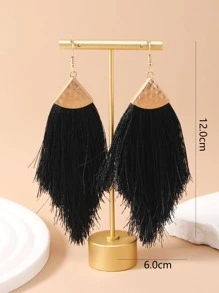 1 Cặp bông tai hợp kim cỡ lớn thủ công tua rua dài màu kaki, xanh lá, trắng, cam, phong cách Bohemian dành cho kỳ nghỉ, phù hợp để đeo hàng ngày - màu đen - Xem 2