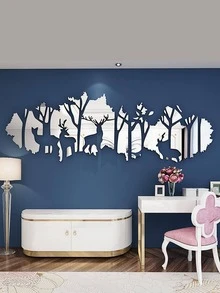 1pc Nhãn dán tường gương họa tiết cây & nai sừng tấm - Bạc - Xem 1