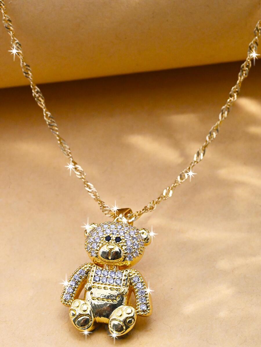 水鑽熊吊墜項鍊 - 金黃色 - 查看 1