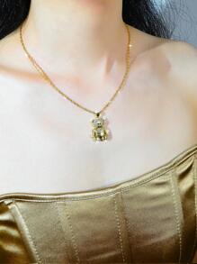 水鑽熊吊墜項鍊 - 金黃色 - 查看 2