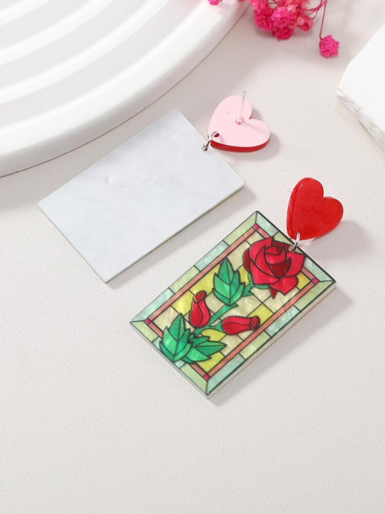 1pair Heart Decor Flower Print Geometric Drop Earrings - Multicolor - View 4