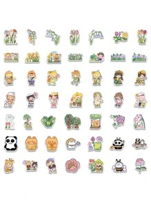 50pcs Cartoon Graphic Sticker, Cartoon Figure & Flower Design PVC Waterproof Decorative Sticker For School Student - Multicolor - View 2