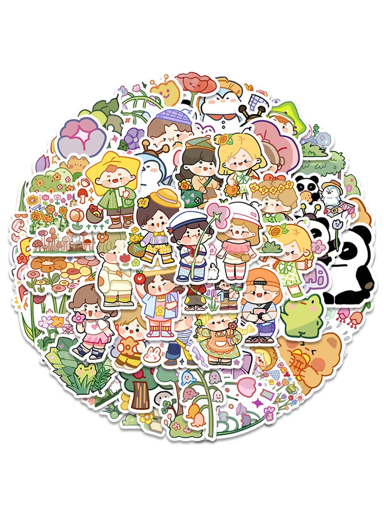 50pcs Cartoon Graphic Sticker, Cartoon Figure & Flower Design PVC Waterproof Decorative Sticker For School Student - Multicolor - View 1