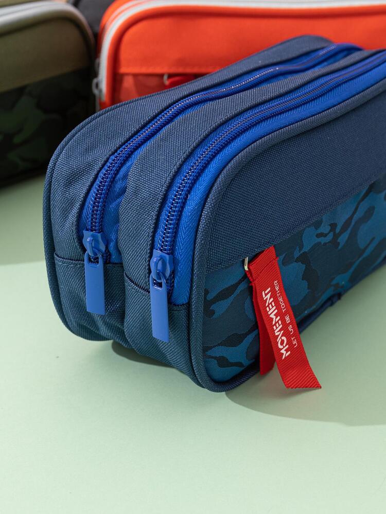 1pc Multi-layer Pencil Bag, Simple Double Layer Pencil Bag For School Student - Blue - View 5
