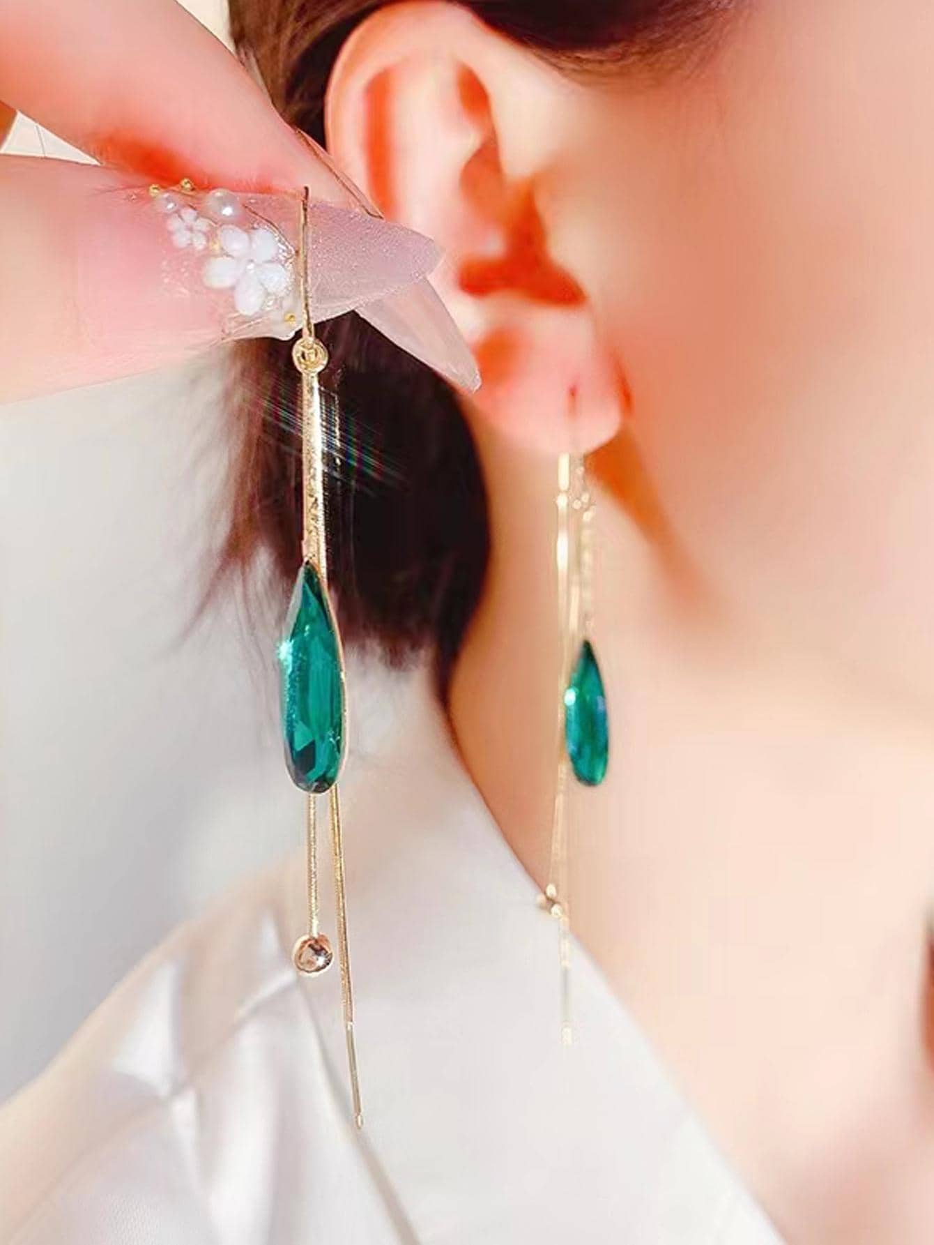 1對綠色水鑽裝飾耳墜 - 綠色 - 查看 1