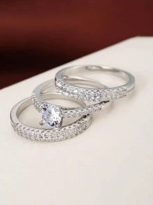 3入組方晶鋯石裝飾戒指 - 銀色 - 查看 2