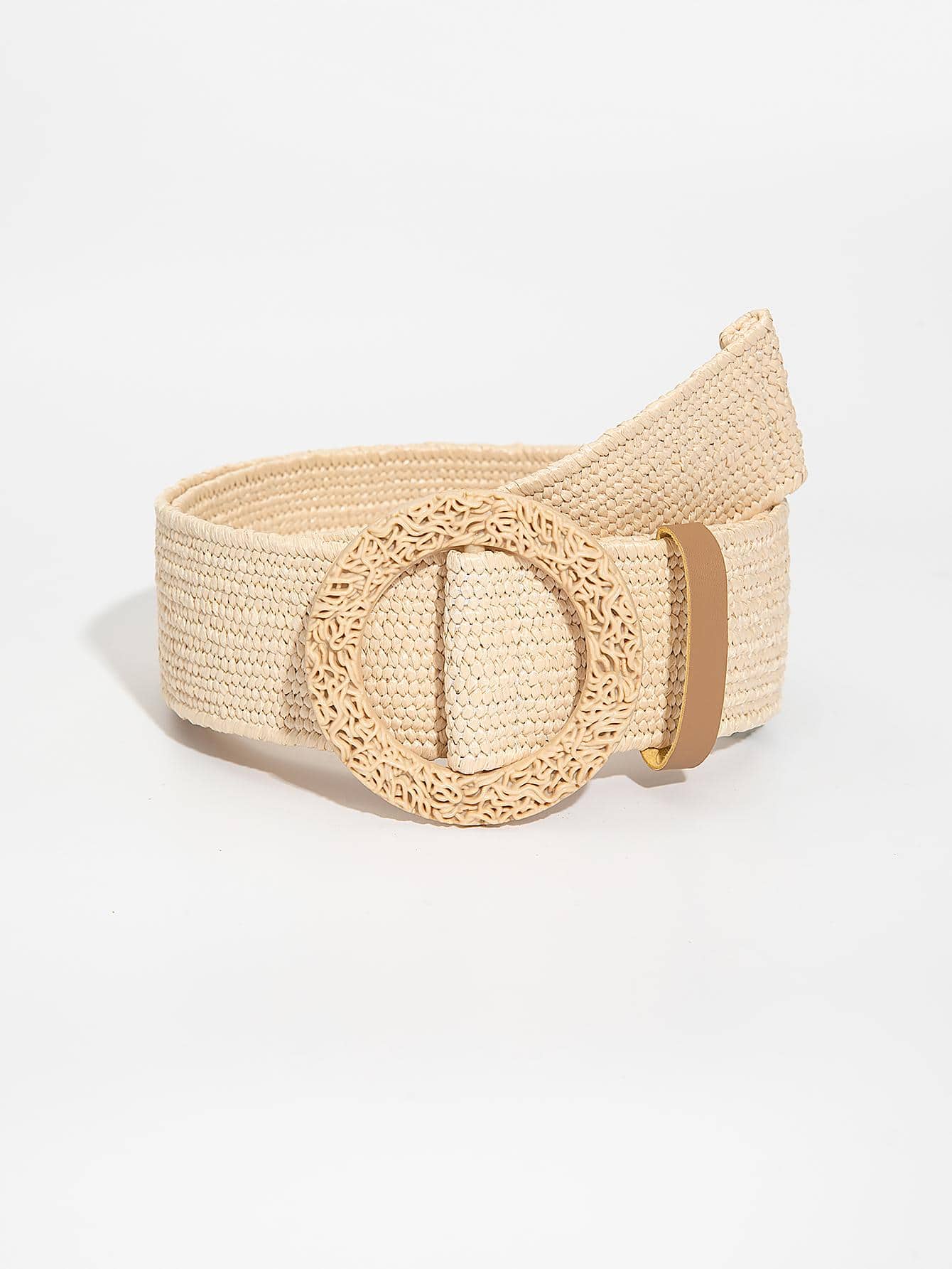 1pc Women Solid Round Buckle Boho Straw Belt For Beach - Beige - View 1
