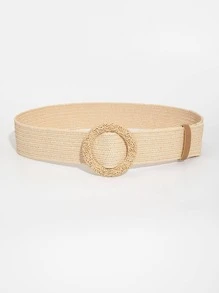 1pc Women Solid Round Buckle Boho Straw Belt For Beach - Beige - View 2