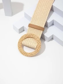 1pc Women Solid Round Buckle Boho Straw Belt For Beach - Beige - View 3