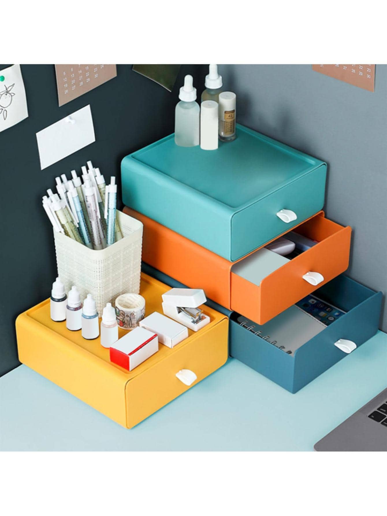 Organizador de escritorio con cajones apilables con asa, almacenamiento para oficina, vuelta al colegio, dormitorio - Azul - Ver 1