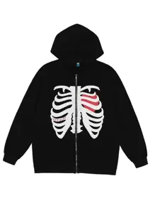 Y2K Sudadera suelta con capucha para mujer, cierre de cremallera, manga larga, estampado de calavera - Negro - Ver 6