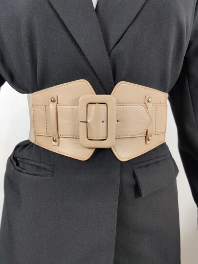 1pc Black Elastic Waistband Waist Belt With Buckle For Women, Suitable For Daily Use With Skirts And Coats