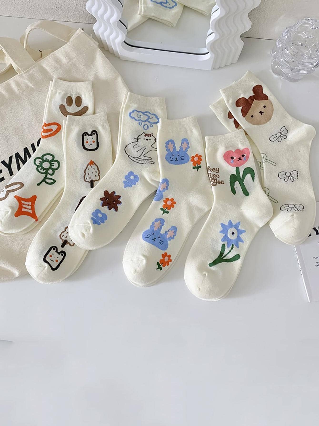 6雙男士兔子和花朵圖案時尚中筒襪 - 彩色 - 查看 1