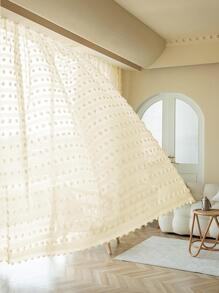 絨球裝飾1片薄透現代素色滌綸燈過濾薄透窗簾適用於家庭裝飾