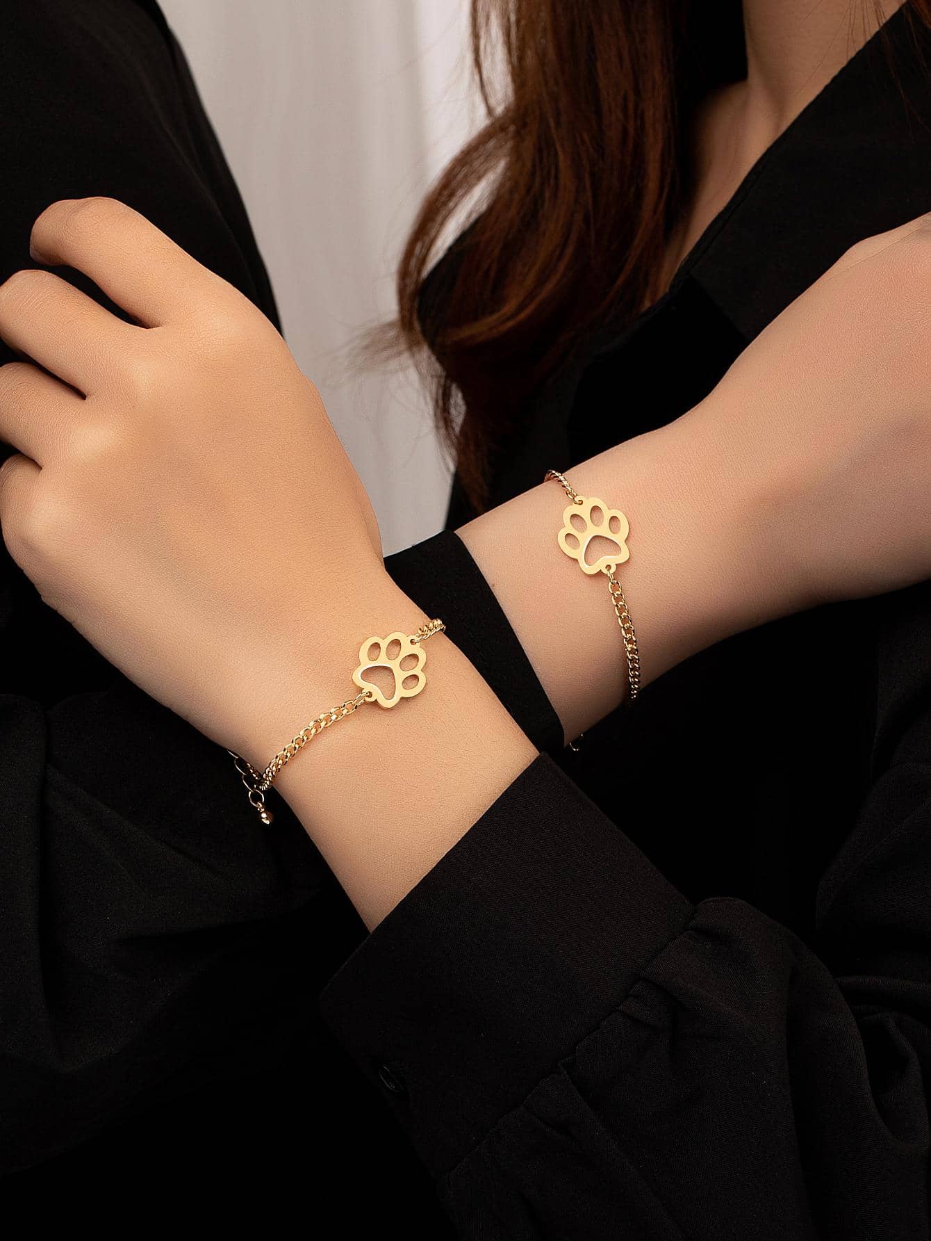 2pcs/set Couple Paw Decor Chain Bracelet - Yellow Gold - View 1