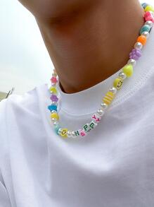 1 pieza de collar con cuentas de decoración de flores y estrellas gráficas con letras bohemias de colores aleatorios para hombres para regalo, para regalo de joyería y fiesta - Multicolor - Ver 3