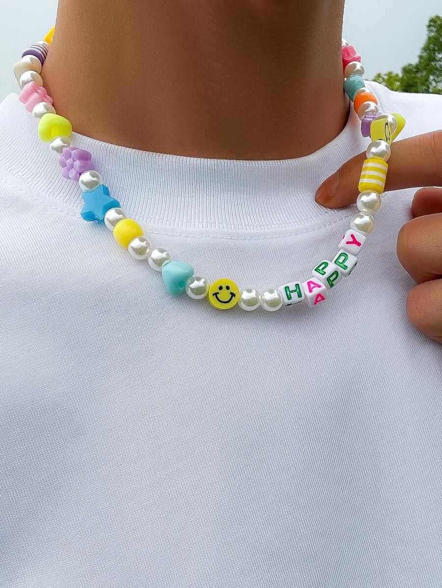 1 pieza de collar con cuentas de decoración de flores y estrellas gráficas con letras bohemias de colores aleatorios para hombres para regalo, para regalo de joyería y fiesta - Multicolor - Ver 1