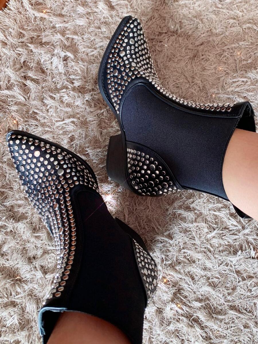 Giày bốt thời trang mũi nhọn trang trí cho nữ, bốt cổ điển màu đen thời trang