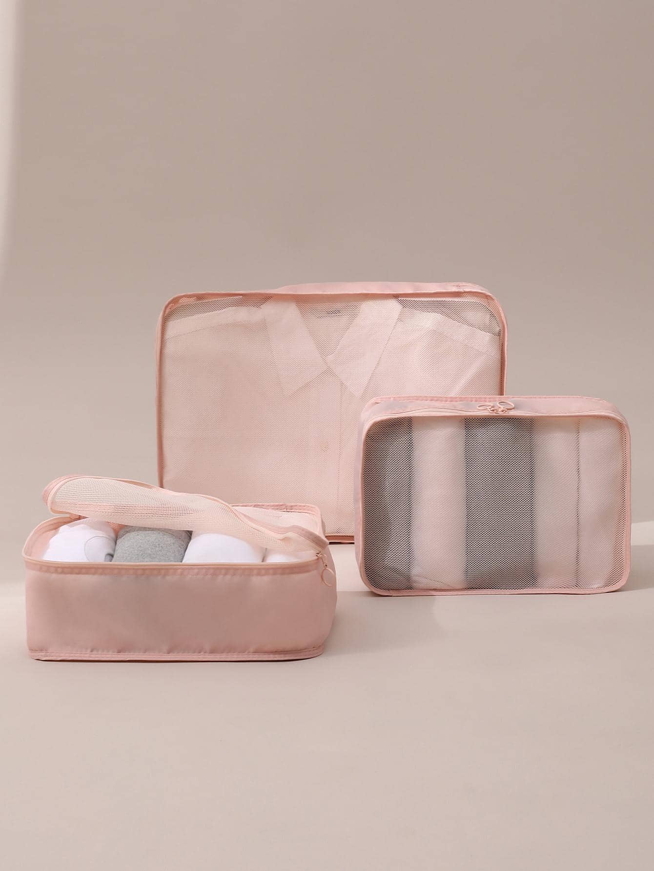 3入組/套滌綸纖維旅行儲物袋適用於行李衣服,鞋,內衣,化妝品,應用至旅行收納 - 粉色 - 查看 1
