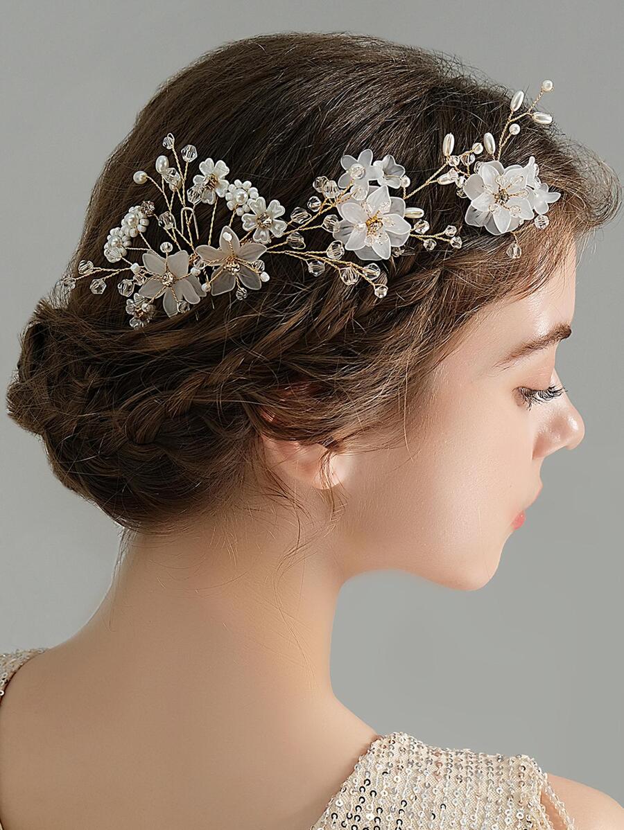 3 件装 女士花朵与人造珍珠装饰 时尚新娘发夹 发饰 波西米亚风头饰 情人节 - 金色 - 查看 1