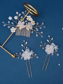 3 件装 女士花朵与人造珍珠装饰 时尚新娘发夹 发饰 波西米亚风头饰 情人节 - 金色 - 查看 4