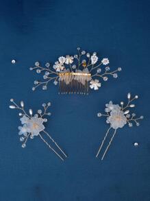 3 件装 女士花朵与人造珍珠装饰 时尚新娘发夹 发饰 波西米亚风头饰 情人节 - 金色 - 查看 5