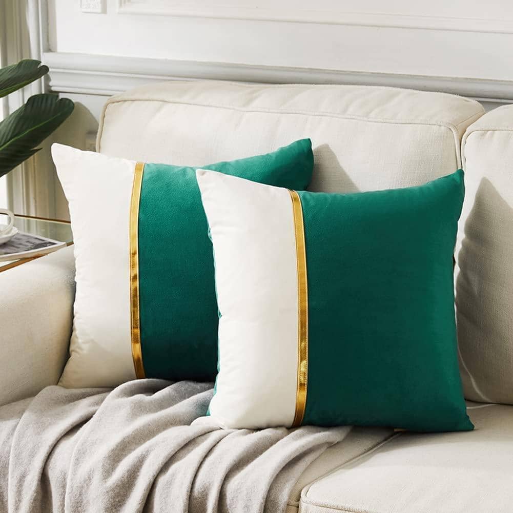 1 pieza Funda de almohada decorativa de unicolor, diseño minimalista de patchwork, decoración del hogar - Verde Oscuro - Ver 1