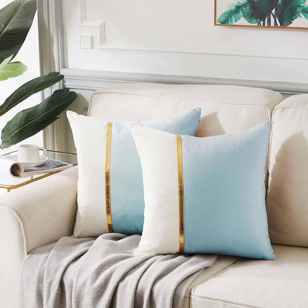 1 vỏ gối đơn sắc thiết kế đơn giản chắp vá, trang trí nhà cửa - Màu xanh nhạt - Xem 1