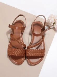 女式純色編織涼鞋,扁底家居涼鞋,休閒沙灘拖鞋,使用pu皮革製造 - 鏽棕色 - 查看 4