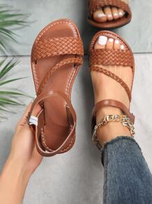 女式純色編織涼鞋,扁底家居涼鞋,休閒沙灘拖鞋,使用pu皮革製造 - 鏽棕色 - 查看 1