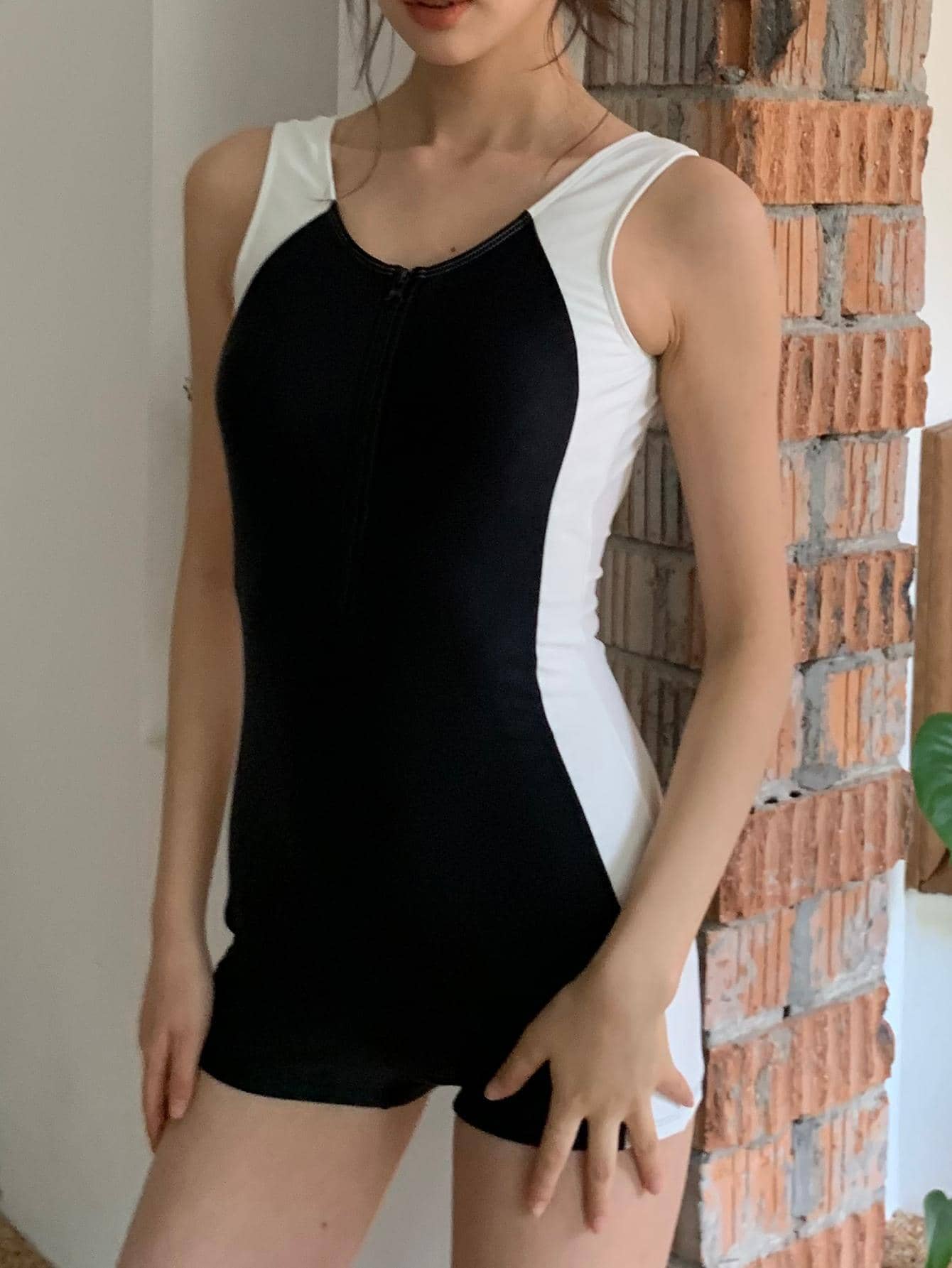 Colorblock Zip Front One Piece Swimsuit, For Summer Beach Vacation