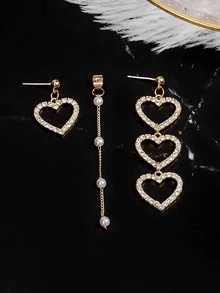 1pair Glamorous Rhinestone Heart & Faux Pearl Drop Earrings For Women For Daily Decoration - Gold - View 4