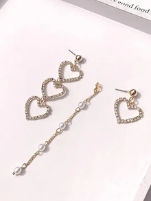1pair Glamorous Rhinestone Heart & Faux Pearl Drop Earrings For Women For Daily Decoration - Gold - View 2