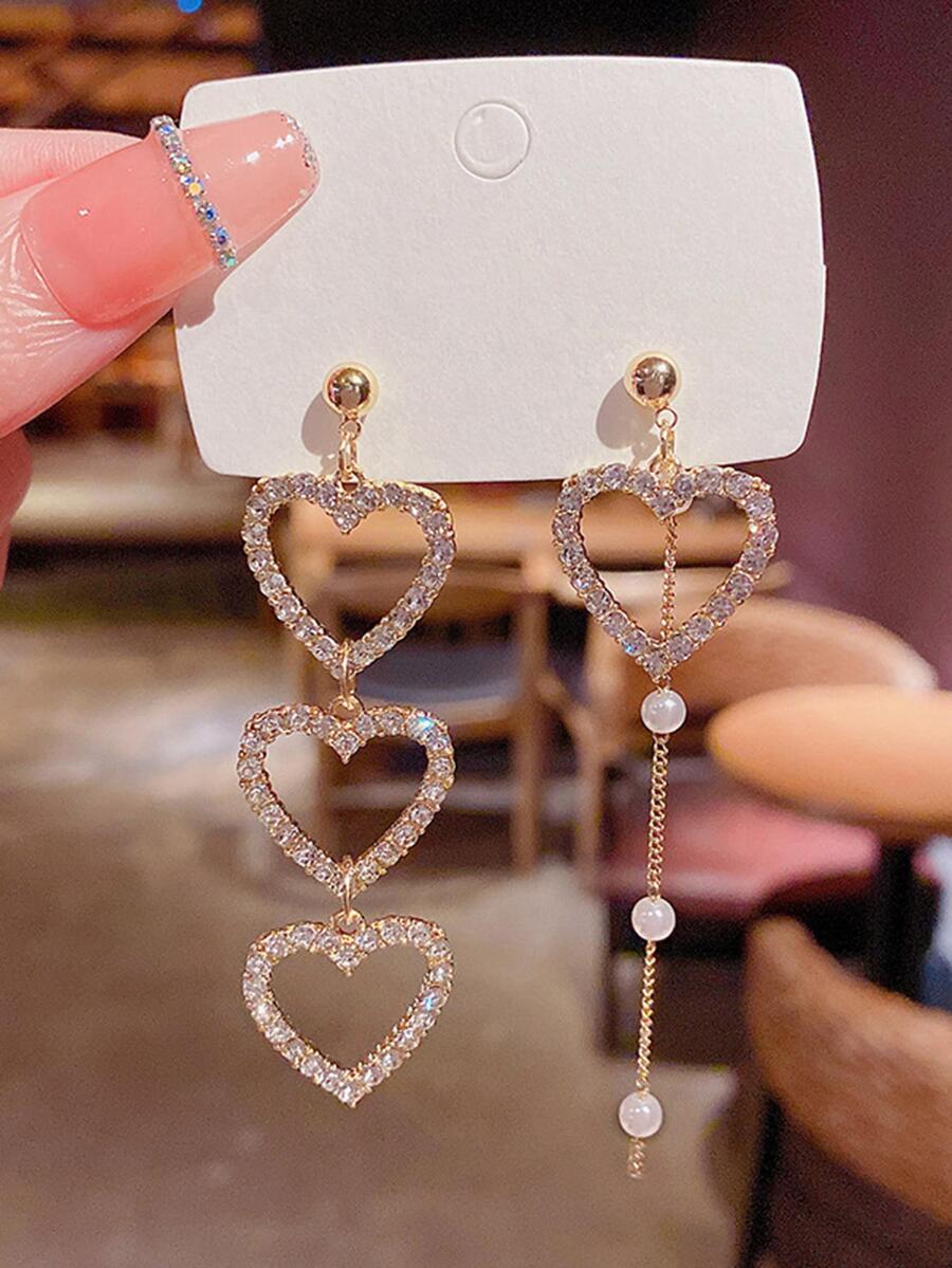 1pair Glamorous Rhinestone Heart & Faux Pearl Drop Earrings For Women For Daily Decoration - Gold - View 1