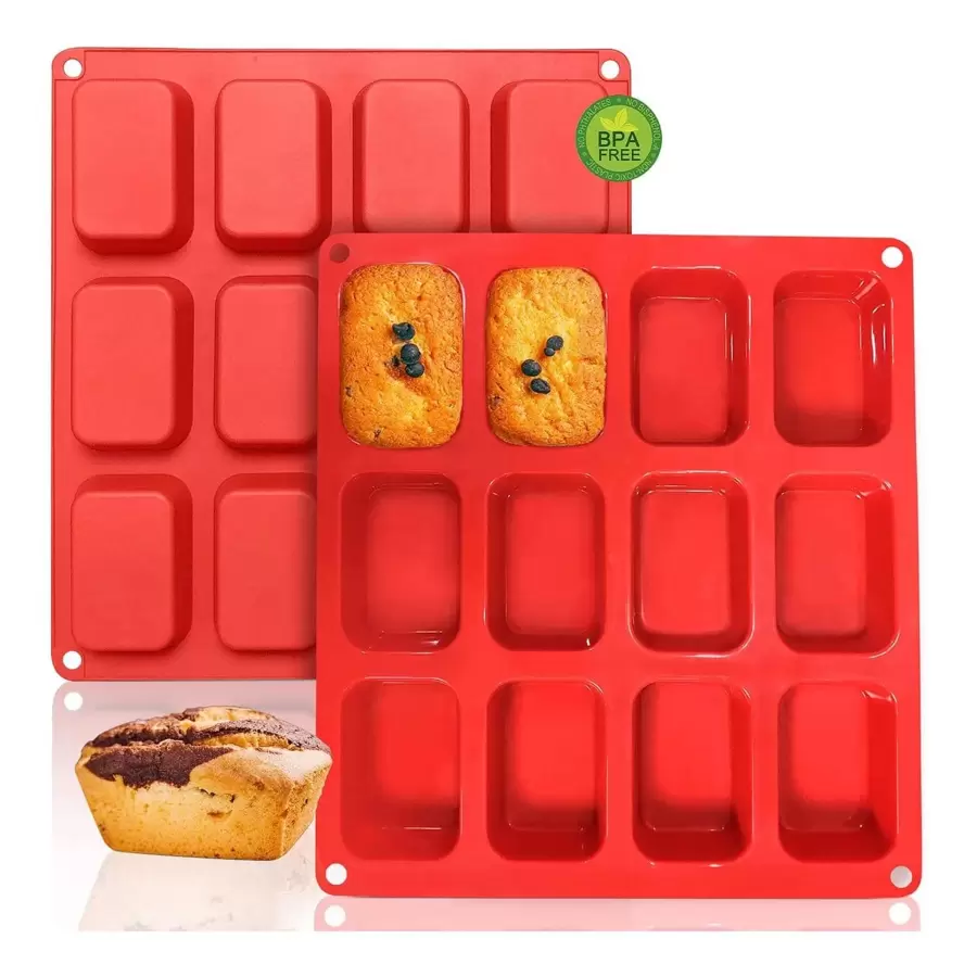 1pc Mini Silicone Molds Petite Loaf, 12 Cup Cupcake Baking Pan - Free Paper Muffin Cups - Non Stick, 100% Silicon & Dishwasher Silicon Bakeware - Red - View 1