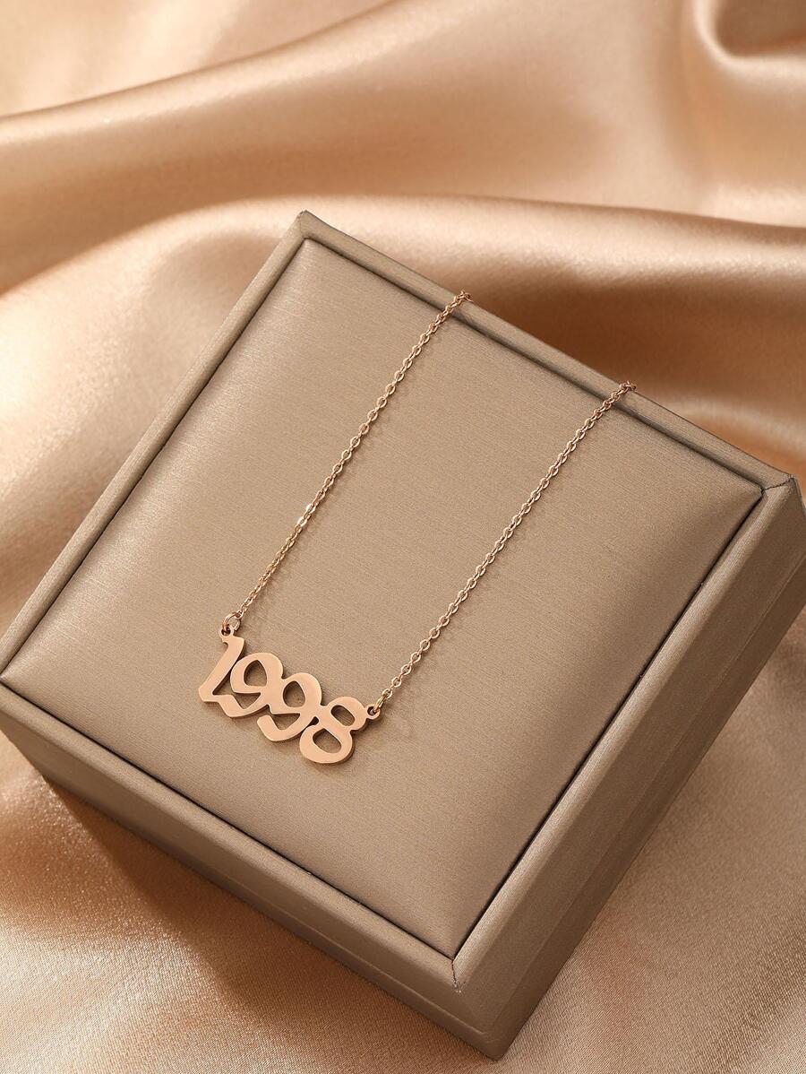 1入組時尚不銹鋼生日年數吊墜項鍊適合女士日常裝飾 - 玫瑰金 - 查看 1