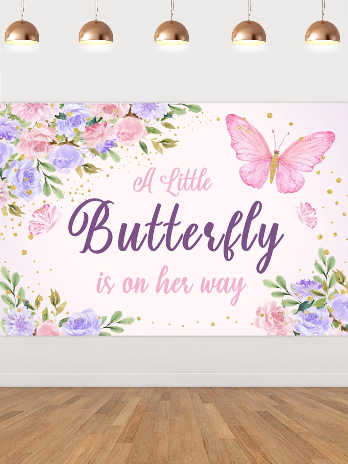 1入組蝴蝶生日派對背景裝飾（粉色和紫色），一個小蝴蝶正在歸來背景與蝴蝶花卉蝴蝶生日派對用品 - 彩色 - 查看 1