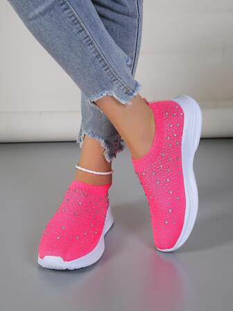 運動鞋適用於女士水鑽裝飾一腳蹬跑鞋