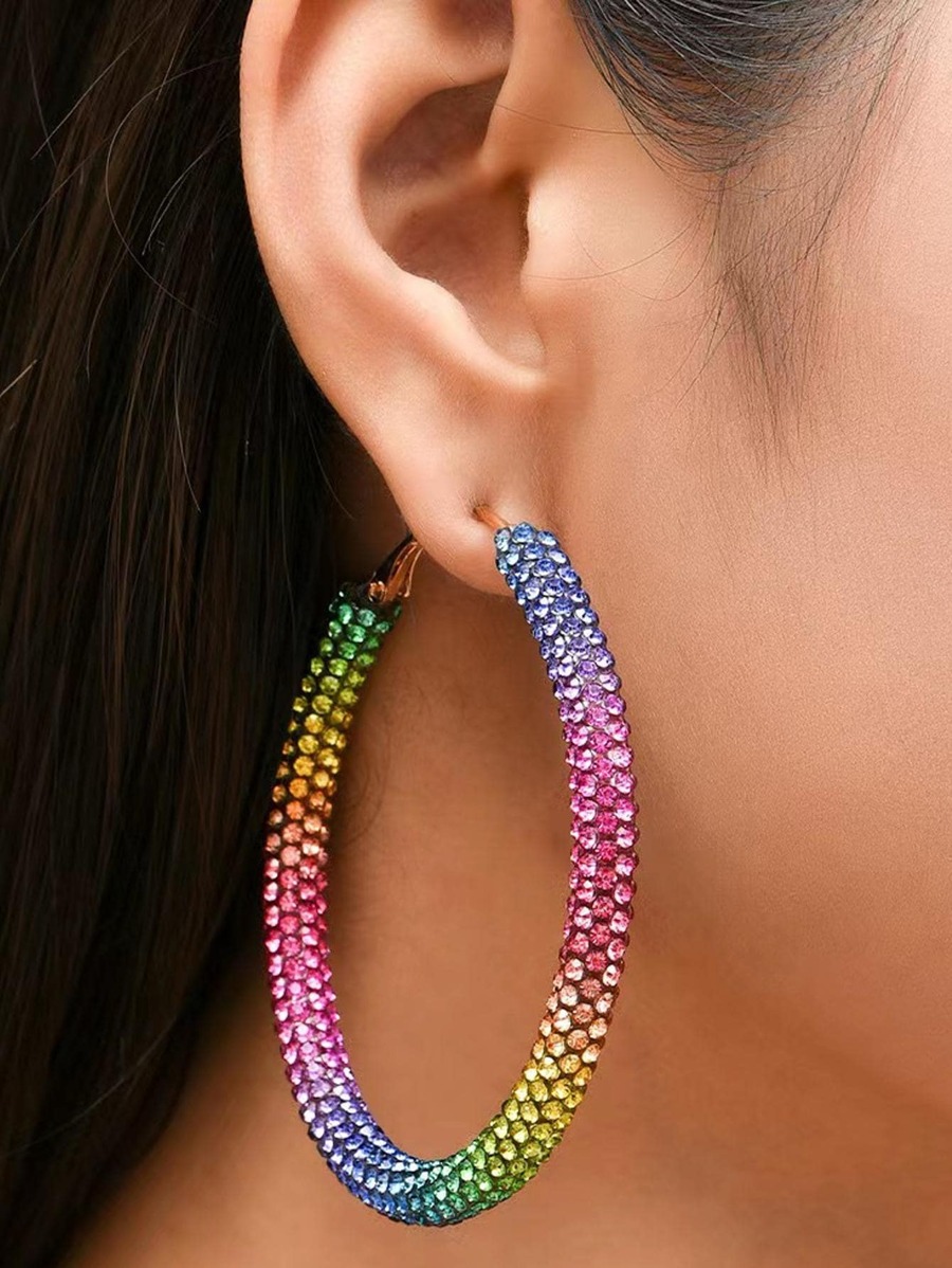 1pair Glamorous Ombre Rhinestone Decor Hoop Earrings For Women For Party