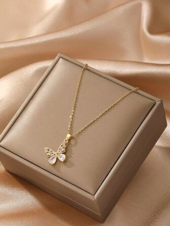 1pc Fashion Stainless Steel Cubic Zirconia Butterfly Pendant Necklace For Women For Daily Decoration