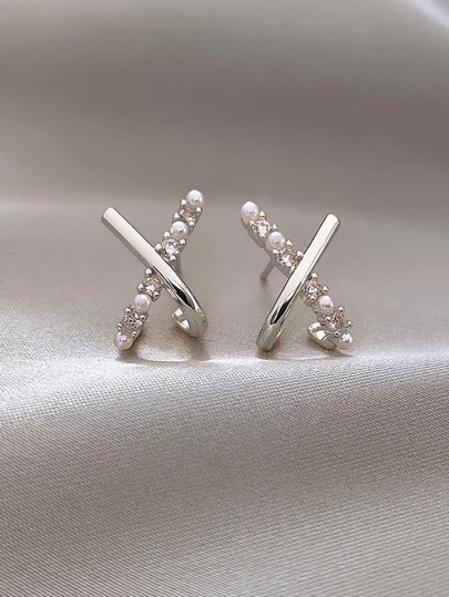 1pair Fashion Zinc Alloy Rhinestone & Faux Pearl Decor Criss Cross Stud Earrings For Women For Daily Decoration